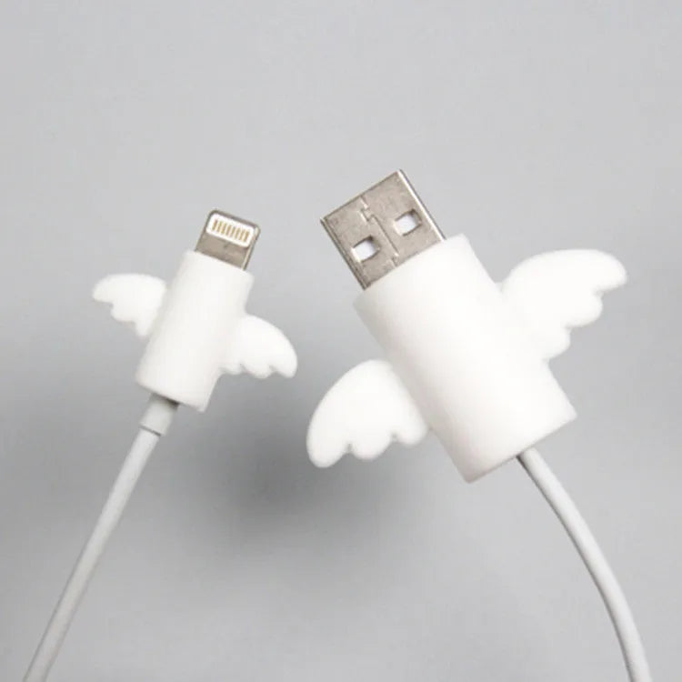 White and black silicone protective covers for mobile phone charging cables with size measurements