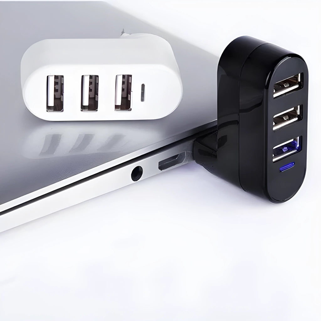 Black and white USB hub with four USB 2.0 ports for computer expansion