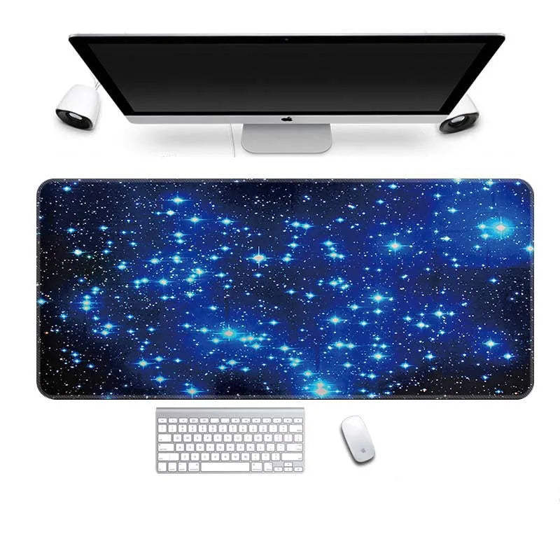 Super long large gaming mouse pad desk mat in rubber and cloth with non-slip base and wrist guard, available in multiple sizes and colours.