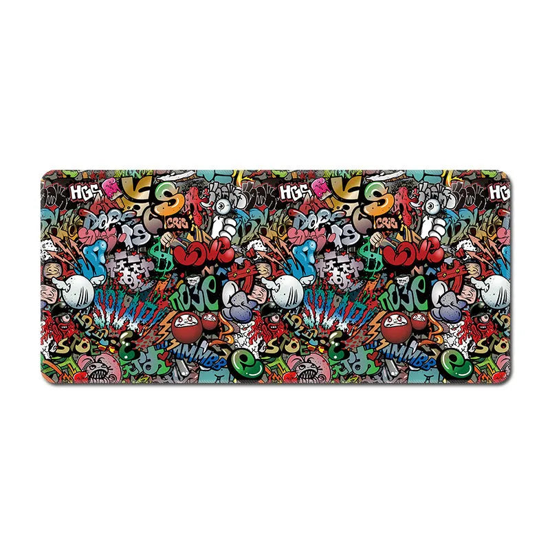 Super long large gaming mouse pad desk mat in rubber and cloth with non-slip base and wrist guard, available in multiple sizes and colours.