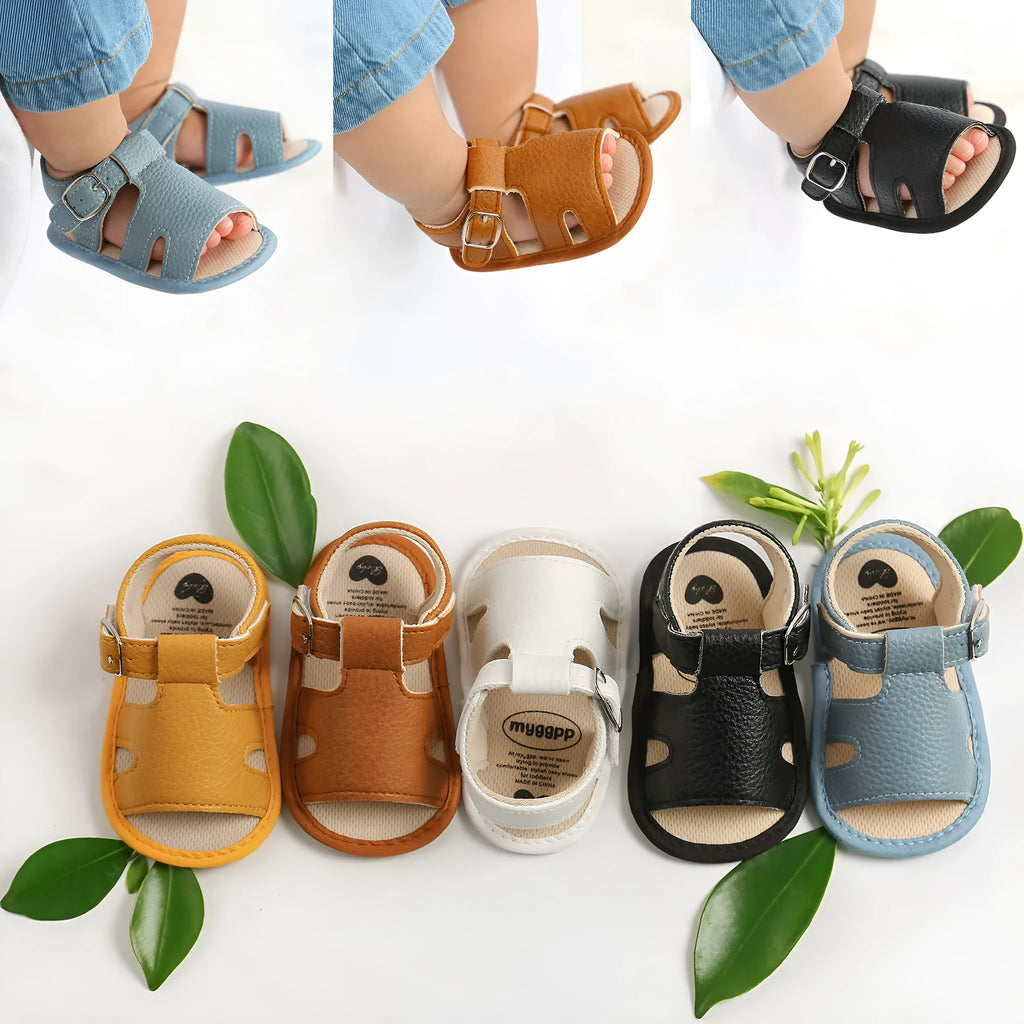 Synthetic leather toddler baby sandals summer breathable non-slip plain pattern