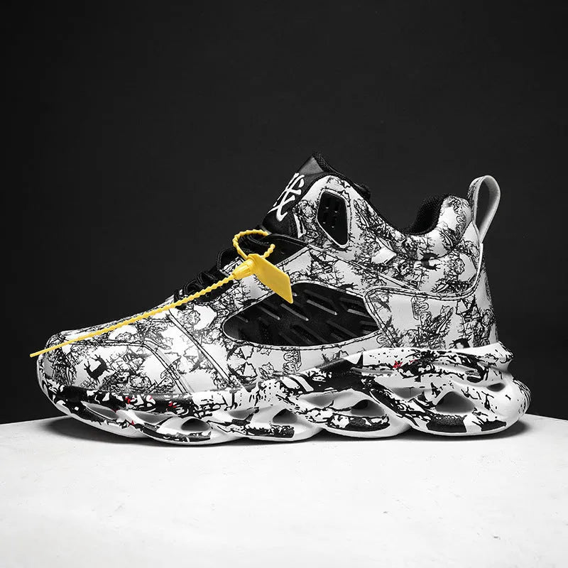 Men's high-top basketball shoes in camouflage colours black, green, red, or white.