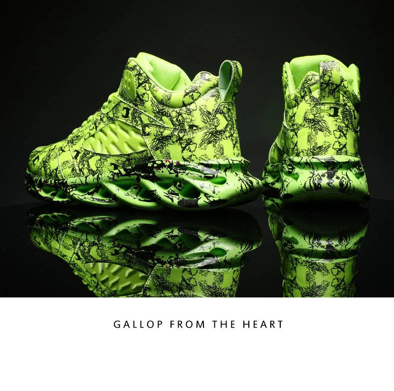 Men's high-top basketball shoes in camouflage colours black, green, red, or white.