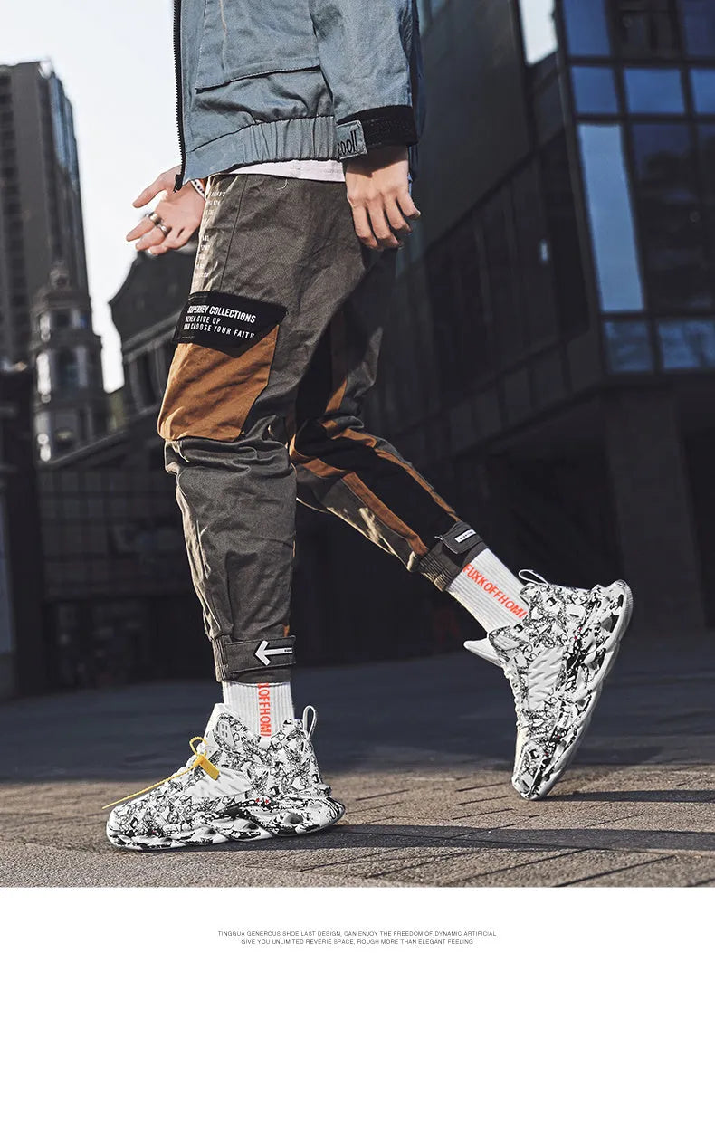 Men's high-top basketball shoes in camouflage colours black, green, red, or white.