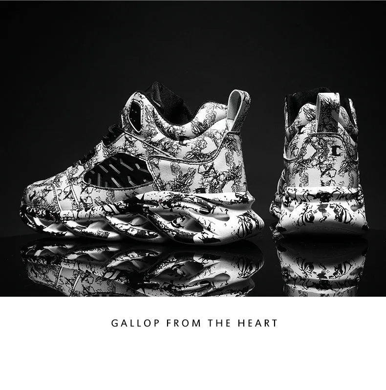 Men's high-top basketball shoes in camouflage colours black, green, red, or white.