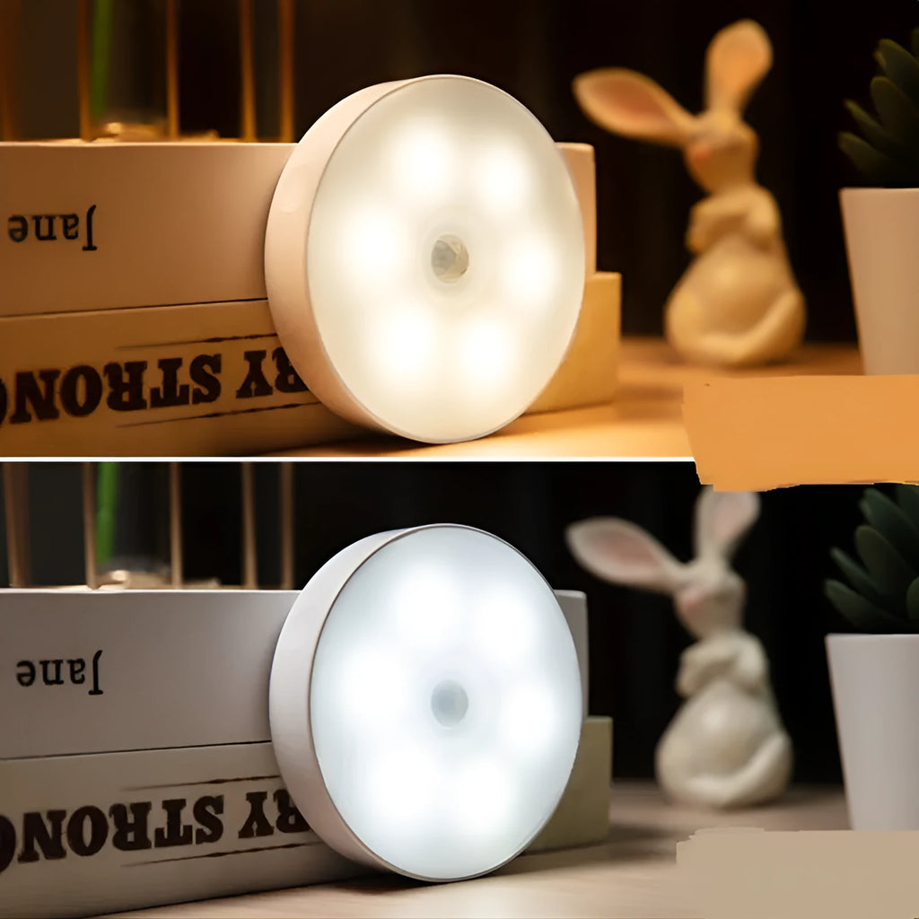 Round USB rechargeable wireless LED motion sensor puck light with ABS housing, 18x86mm, warm white light