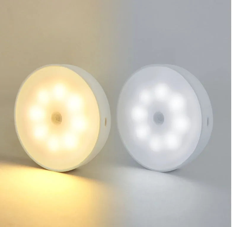Round USB rechargeable wireless LED motion sensor puck light with ABS housing, 18x86mm, warm white light