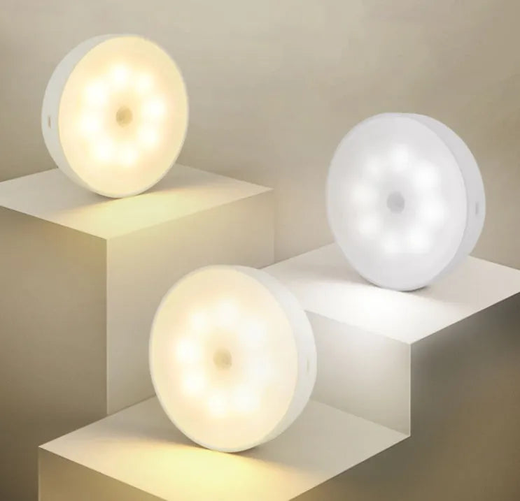 Round USB rechargeable wireless LED motion sensor puck light with ABS housing, 18x86mm, warm white light