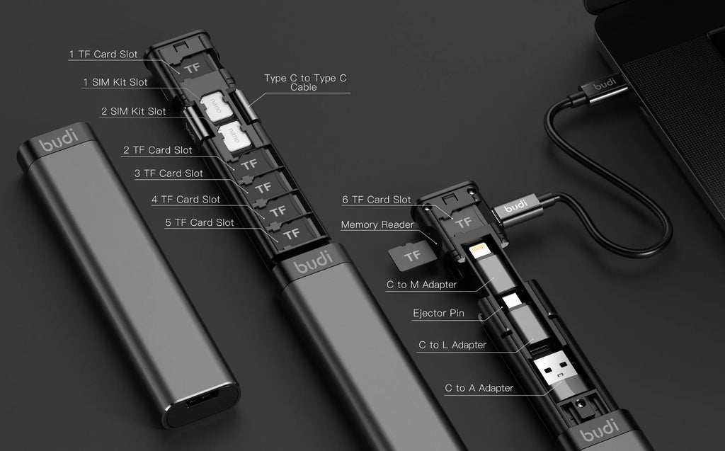 BUDI 9-in-1 smart adapter cable with 8PIN Micro USB TYPE-C connectors and card storage in black