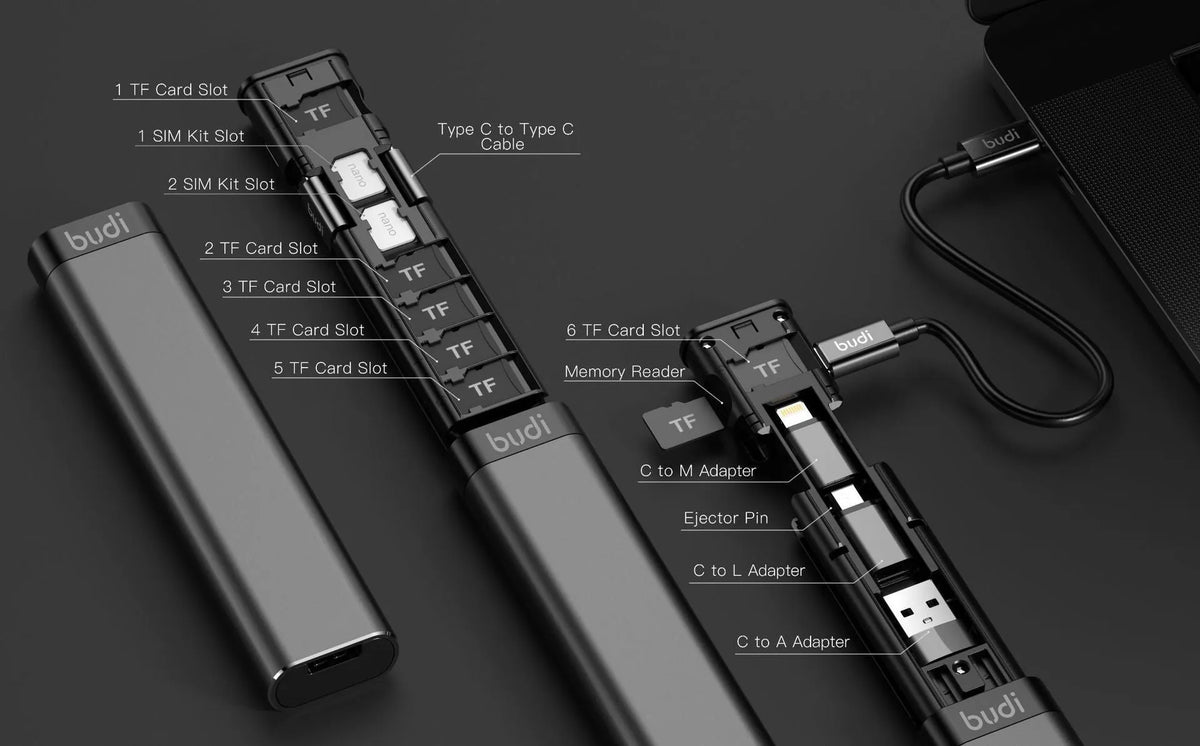 BUDI 9-in-1 smart adapter cable with 8PIN Micro USB TYPE-C connectors and card storage in black