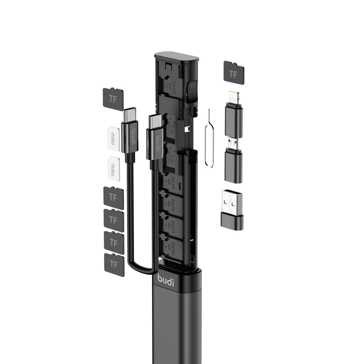 BUDI 9-in-1 smart adapter cable with 8PIN Micro USB TYPE-C connectors and card storage in black