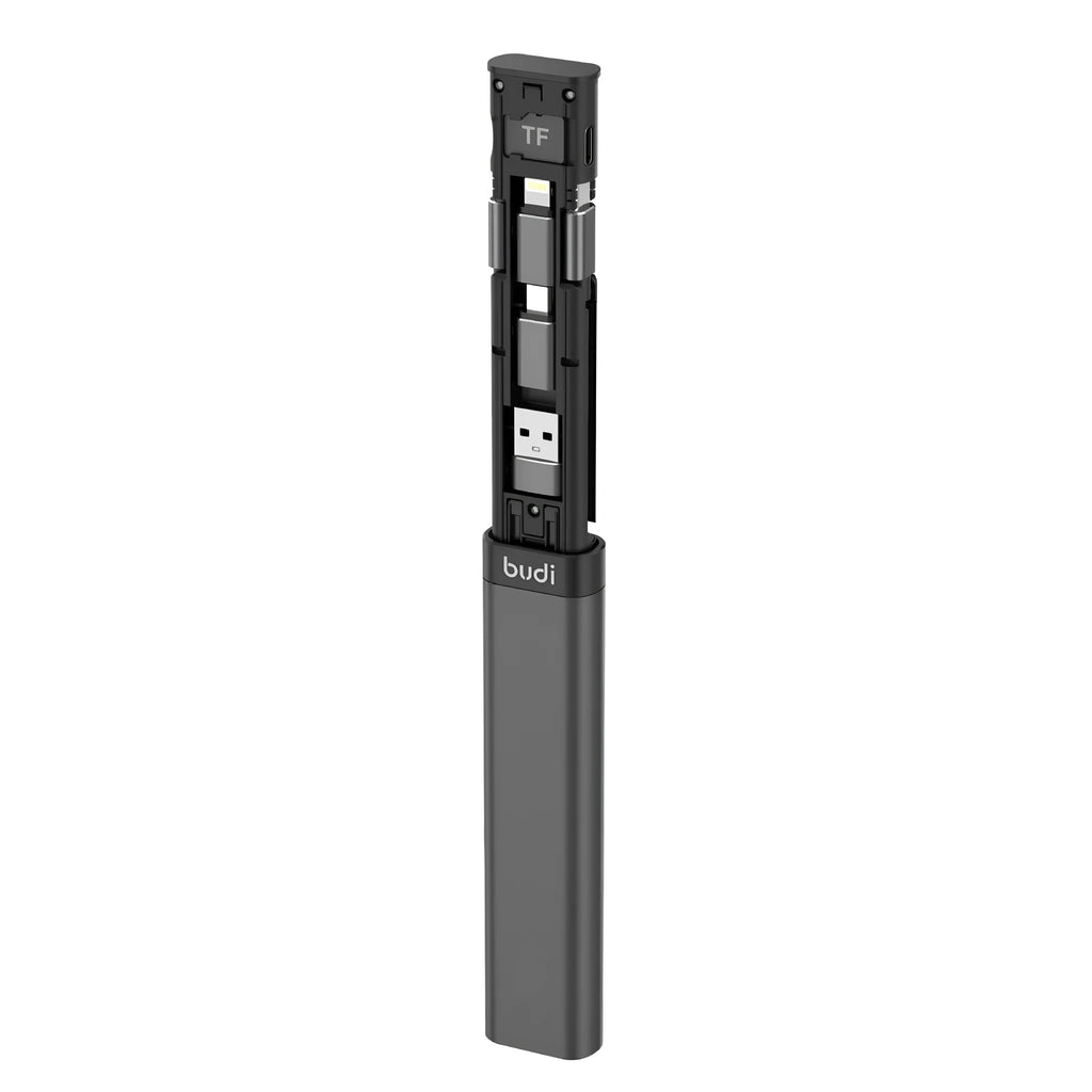 BUDI 9-in-1 smart adapter cable with 8PIN Micro USB TYPE-C connectors and card storage in black
