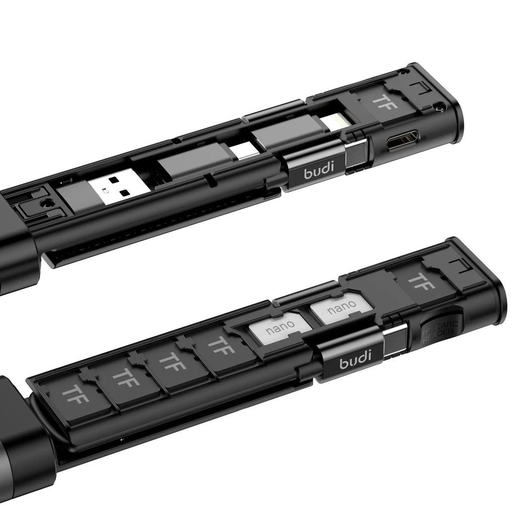 BUDI 9-in-1 smart adapter cable with 8PIN Micro USB TYPE-C connectors and card storage in black