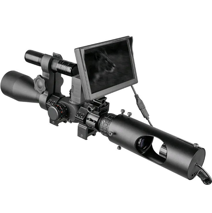 Black digital night vision goggles with 5-inch LCD screen and adjustable objective lens