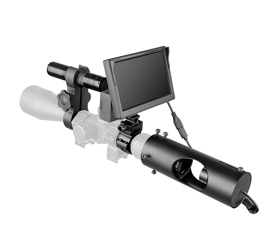 Black digital night vision goggles with 5-inch LCD screen and adjustable objective lens