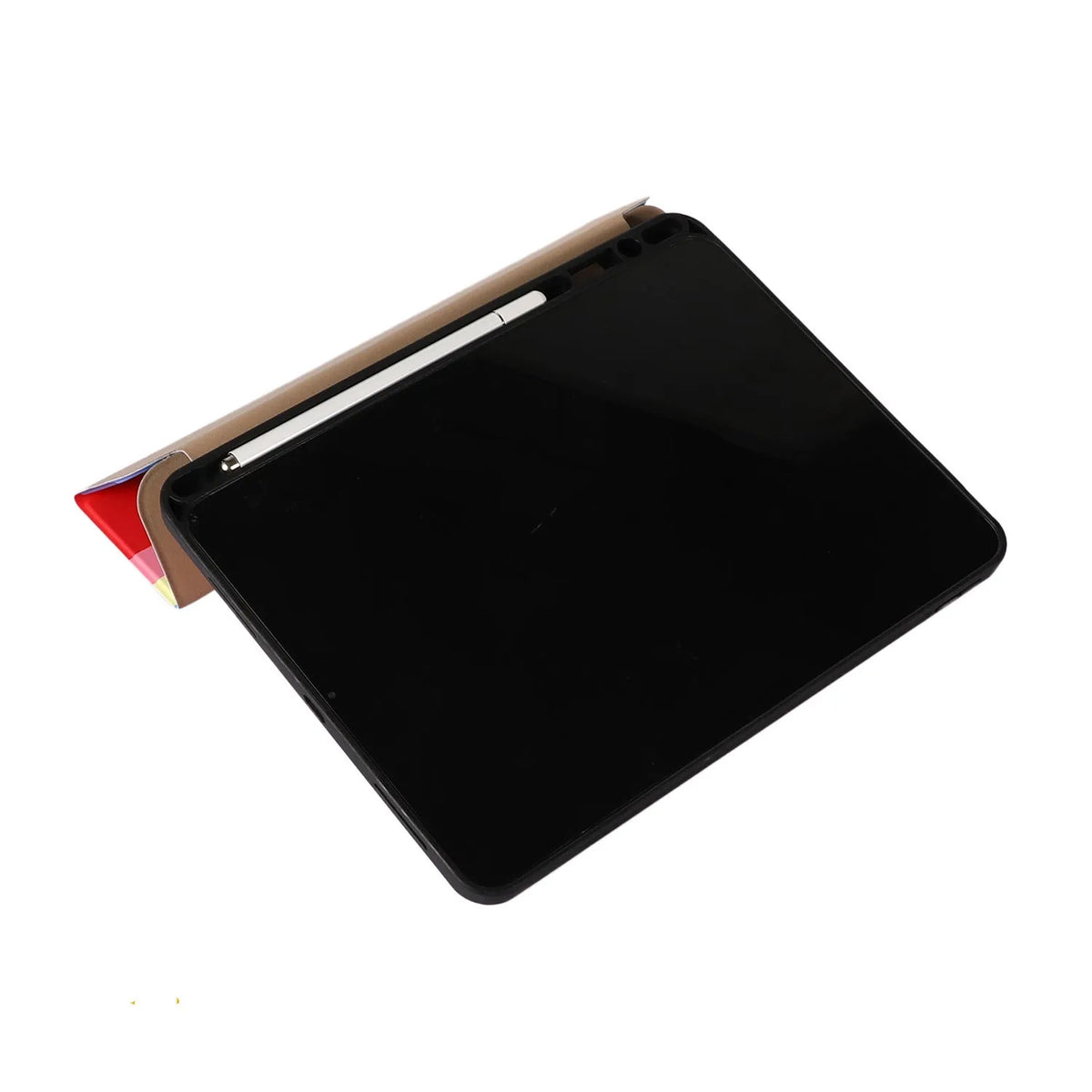 Tri-fold flip tablet case with pen slot for iPad, PU and TPU cover, blue green pink red
