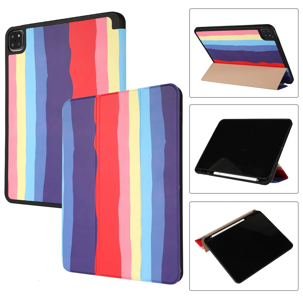 Tri-fold flip tablet case with pen slot for iPad, PU and TPU cover, blue green pink red