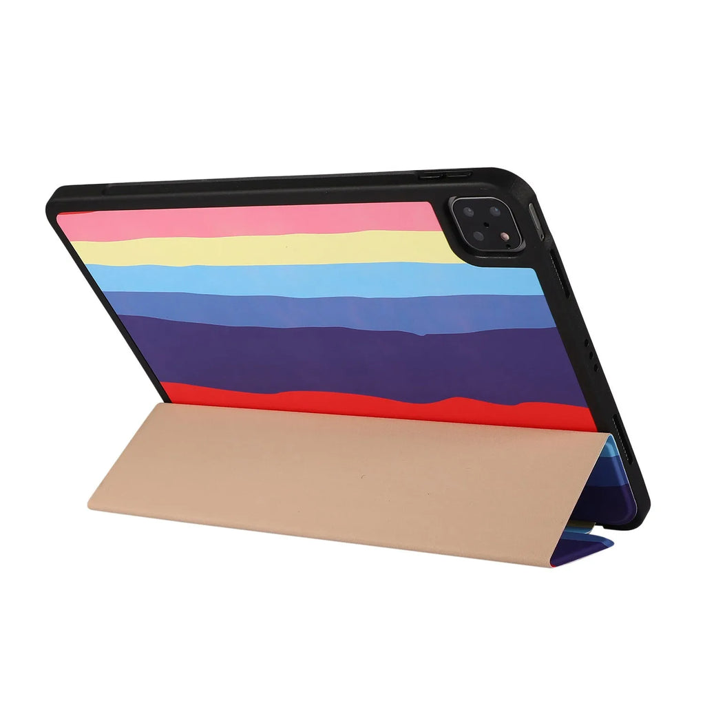 Tri-fold flip tablet case with pen slot for iPad, PU and TPU cover, blue green pink red