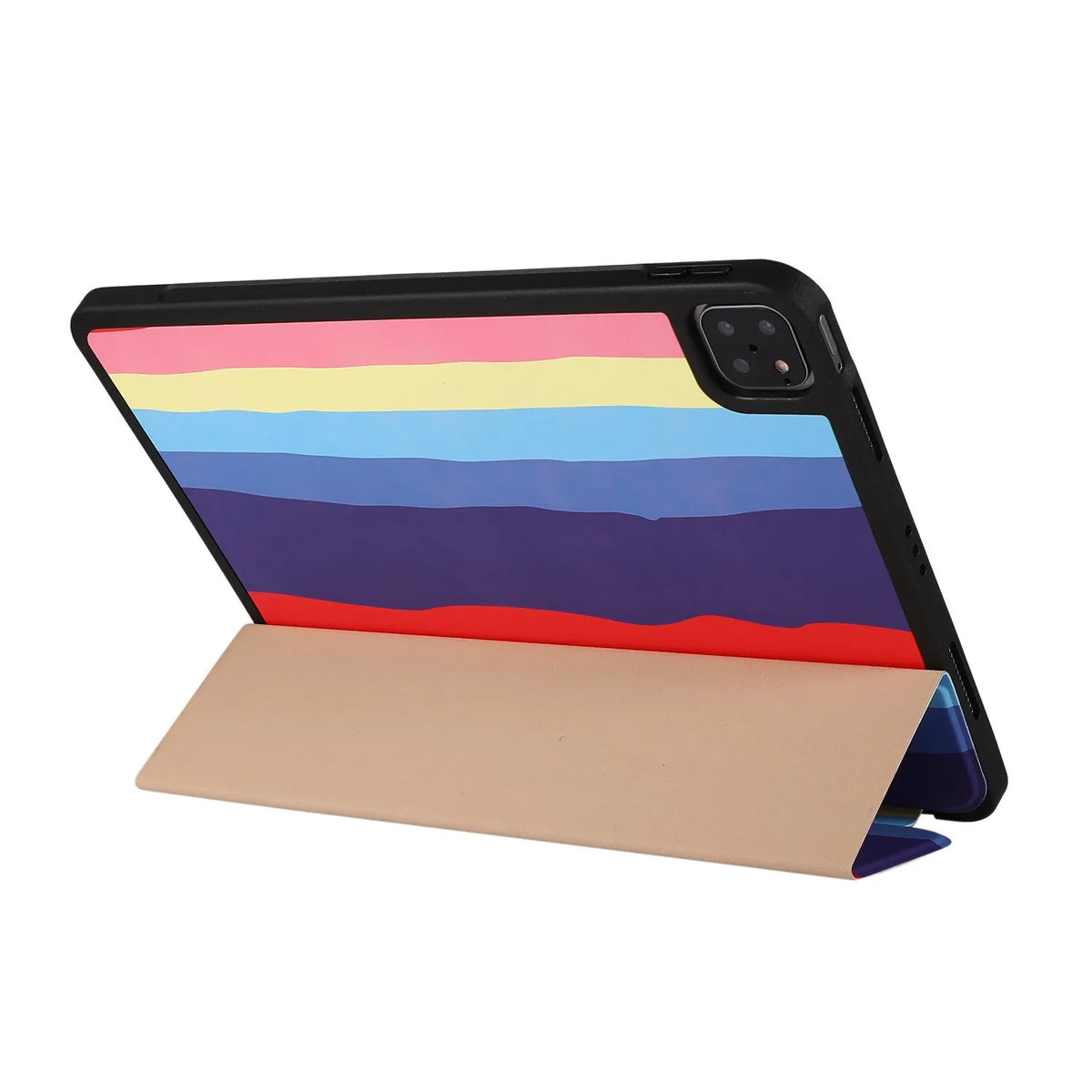 Tri-fold flip tablet case with pen slot for iPad, PU and TPU cover, blue green pink red