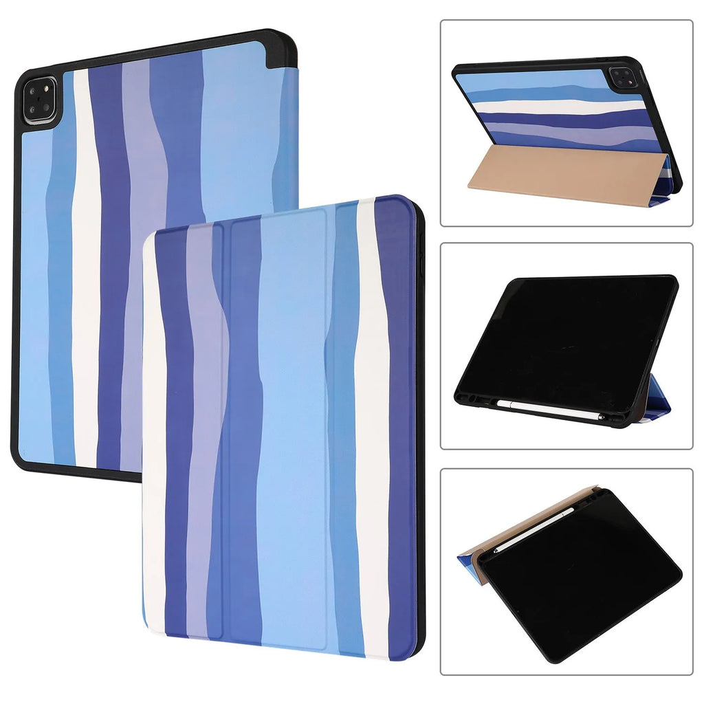 Tri-fold flip tablet case with pen slot for iPad, PU and TPU cover, blue green pink red