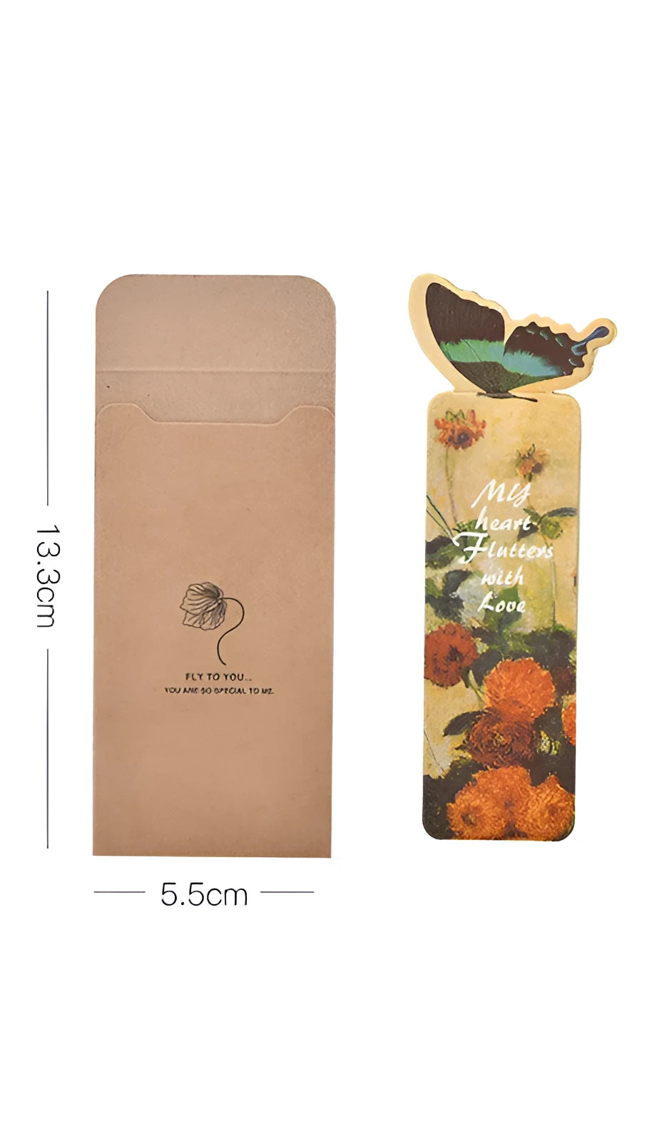 Butterfly-shaped paper bookmark measuring 13.5cm by 5.5cm with creative stationery design