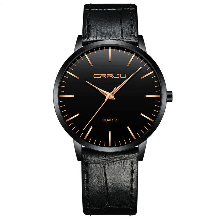 Casual quartz watch with alloy case, plexiglass crystal, and choice of black or gold mesh or leather strap.