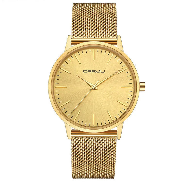 Casual quartz watch with alloy case, plexiglass crystal, and choice of black or gold mesh or leather strap.