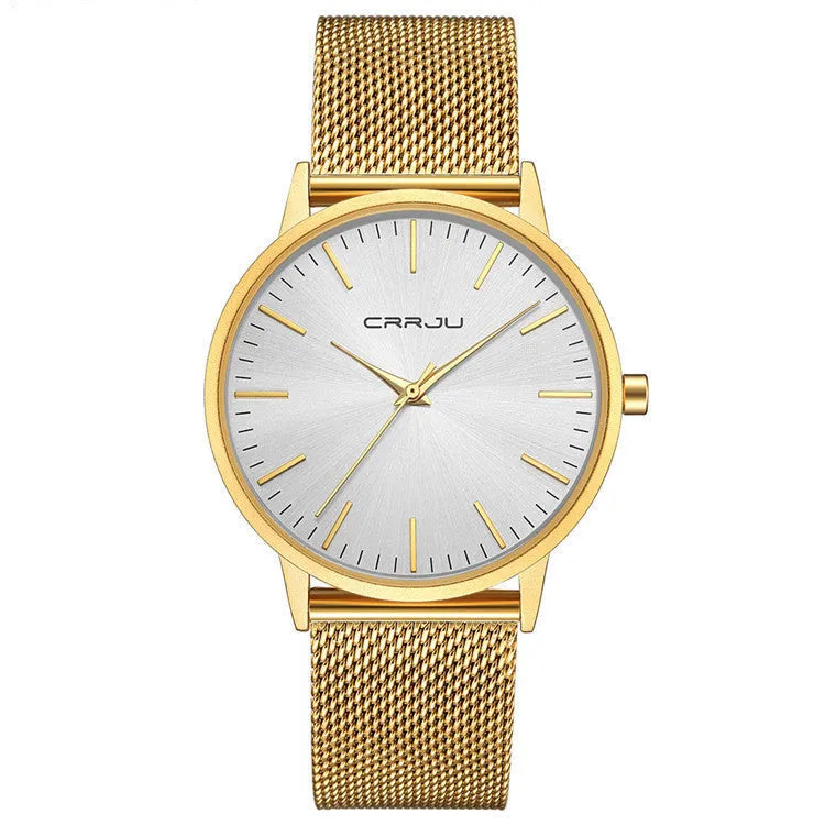 Casual quartz watch with alloy case, plexiglass crystal, and choice of black or gold mesh or leather strap.