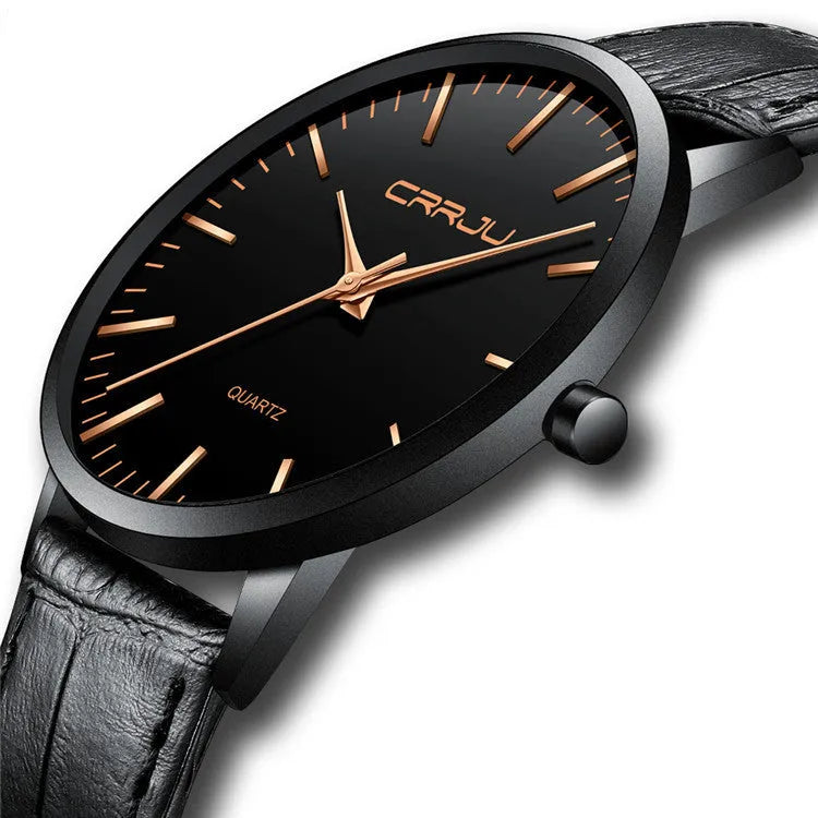 Casual quartz watch with alloy case, plexiglass crystal, and choice of black or gold mesh or leather strap.
