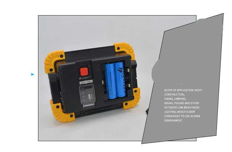 Rechargeable double square COB searchlight work light with dual battery options.