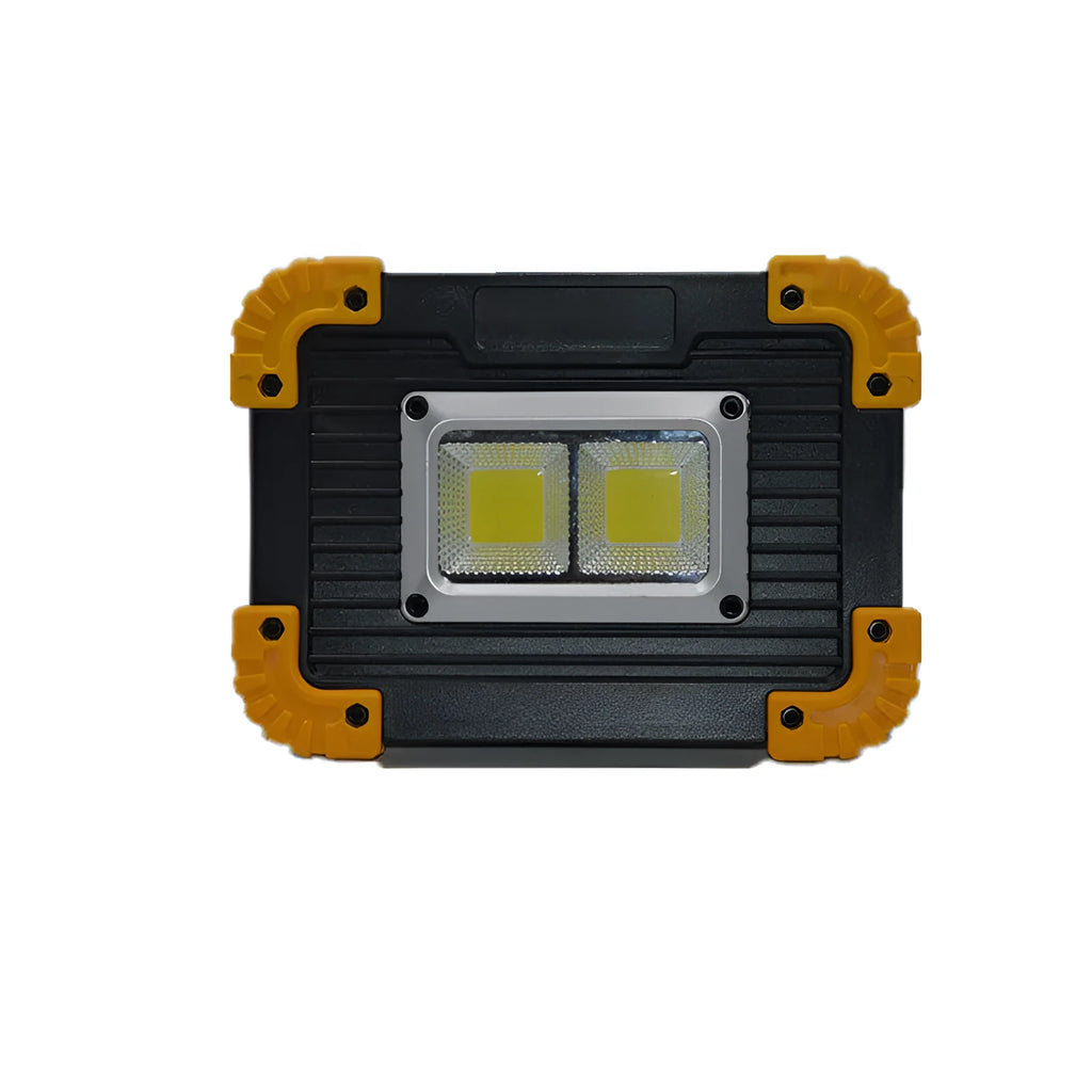 Rechargeable double square COB searchlight work light with dual battery options.