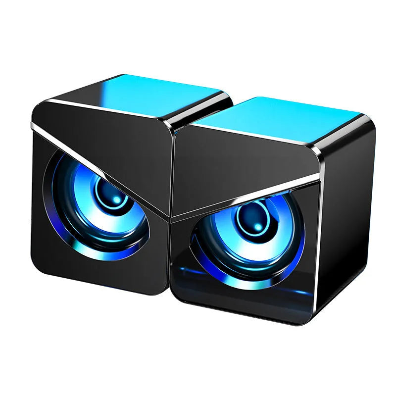 Black and white compact USB computer speakers with 3.5mm jack and 4D sound effect for desktop