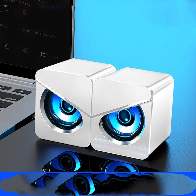 Black and white compact USB computer speakers with 3.5mm jack and 4D sound effect for desktop
