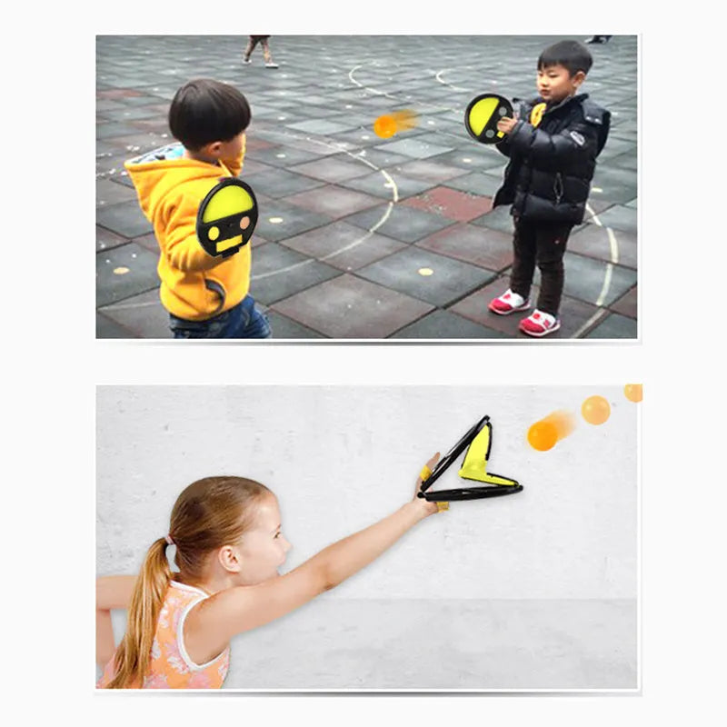 Yellow ABS hand catching ball and racket set, 20cm diameter, for ages 7-14, indoor outdoor play