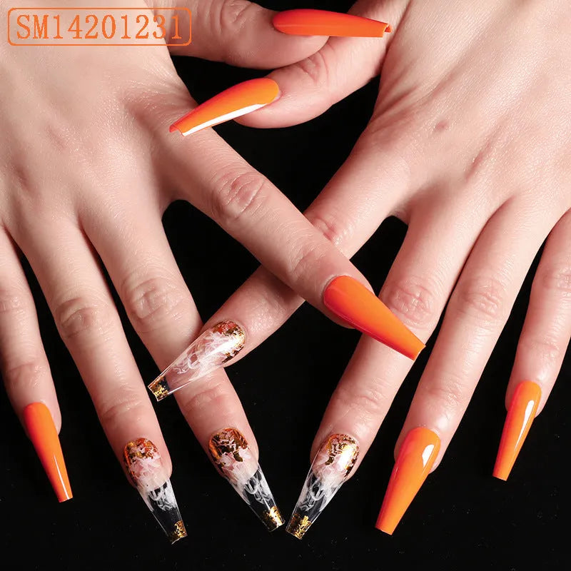 Trapezoidal coffin press-on fake nails with 5g nail sequins, available in twelve colour codes for wearable nail art.