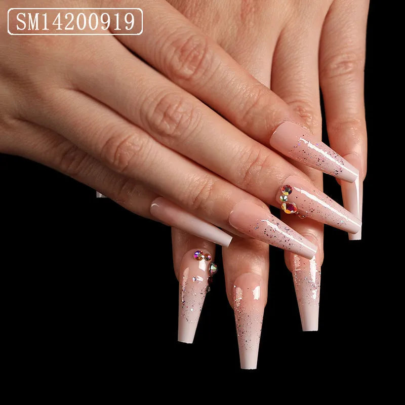 Trapezoidal coffin press-on fake nails with 5g nail sequins, available in twelve colour codes for wearable nail art.