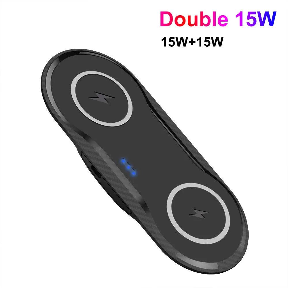 Black dual 15W wireless charging pad with indicator light and Type-C input