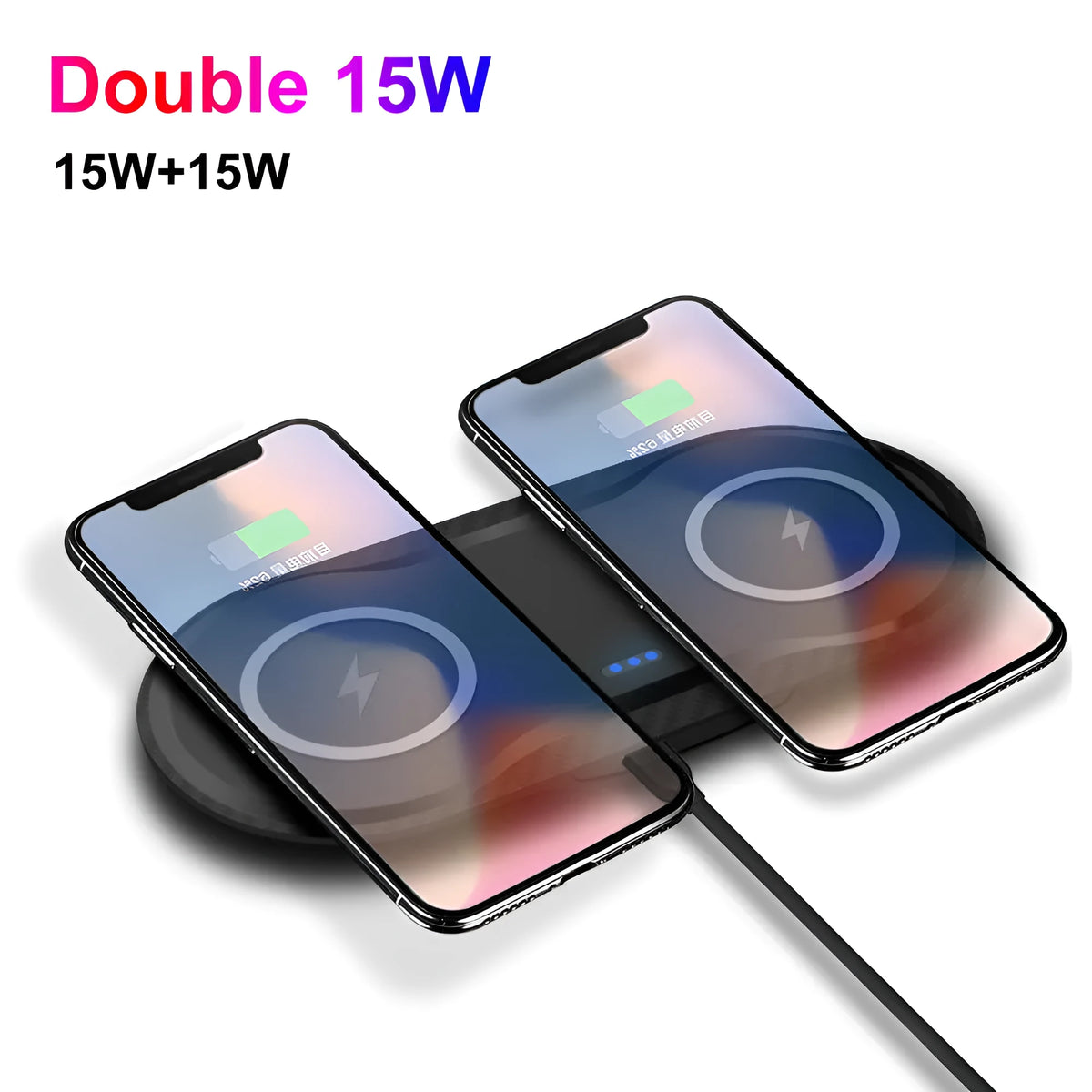 Black dual 15W wireless charging pad with indicator light and Type-C input