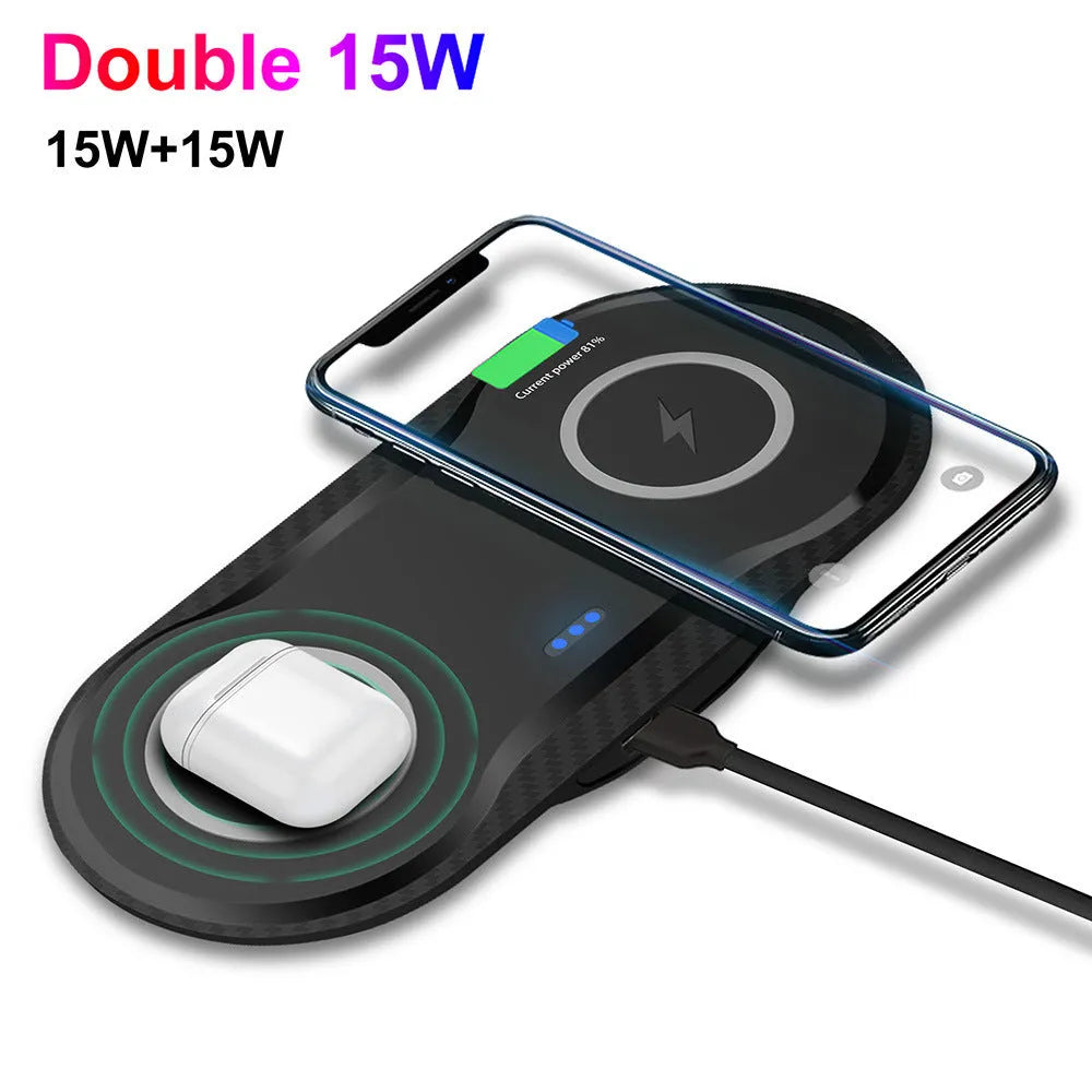 Black dual 15W wireless charging pad with indicator light and Type-C input