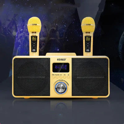 Black home KTV Bluetooth karaoke speaker with two wireless microphones and built-in subwoofer