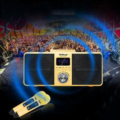 Black home KTV Bluetooth karaoke speaker with two wireless microphones and built-in subwoofer