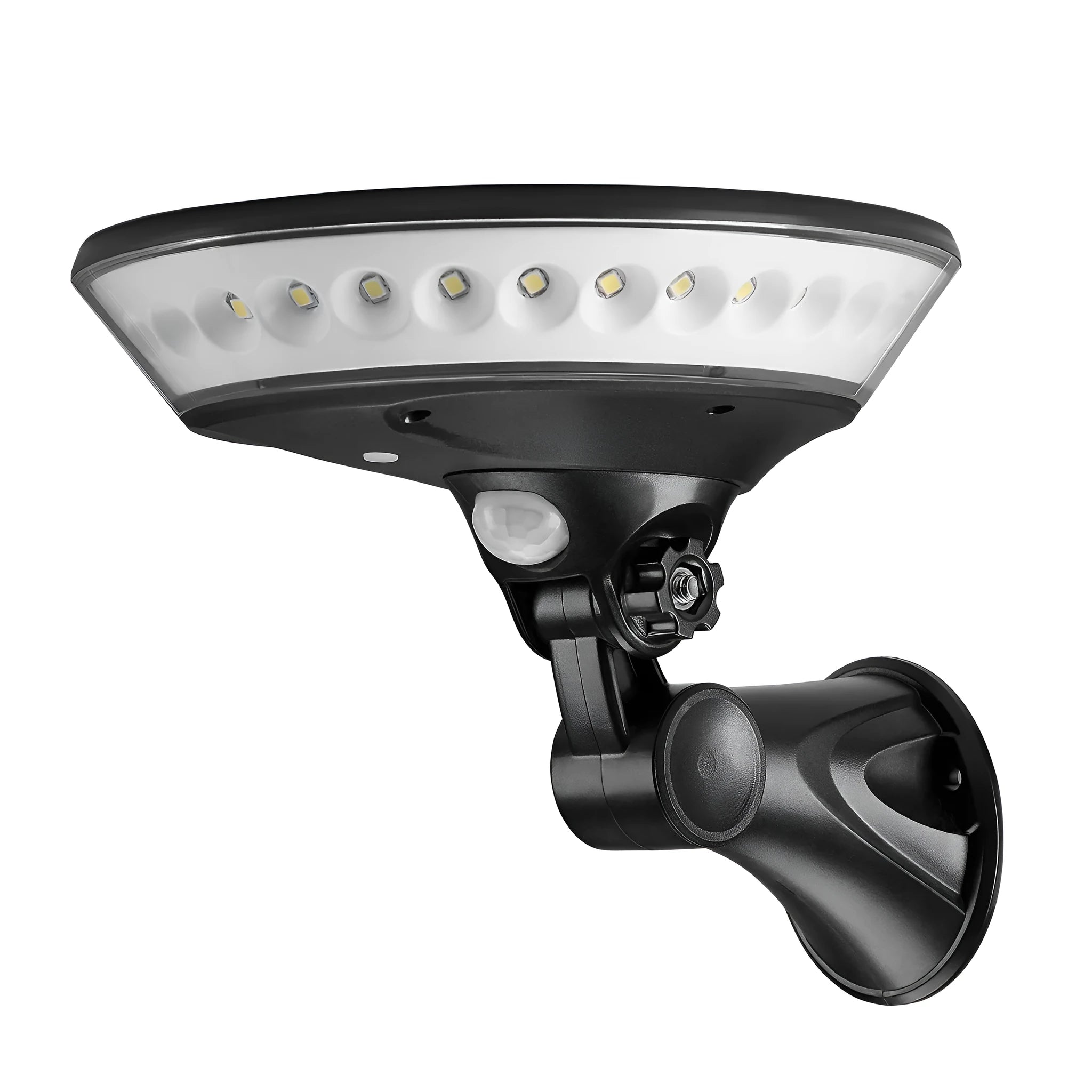 Outdoor solar-powered security light with 360-degree LEDs and a motion sensor in a white ABS housing.