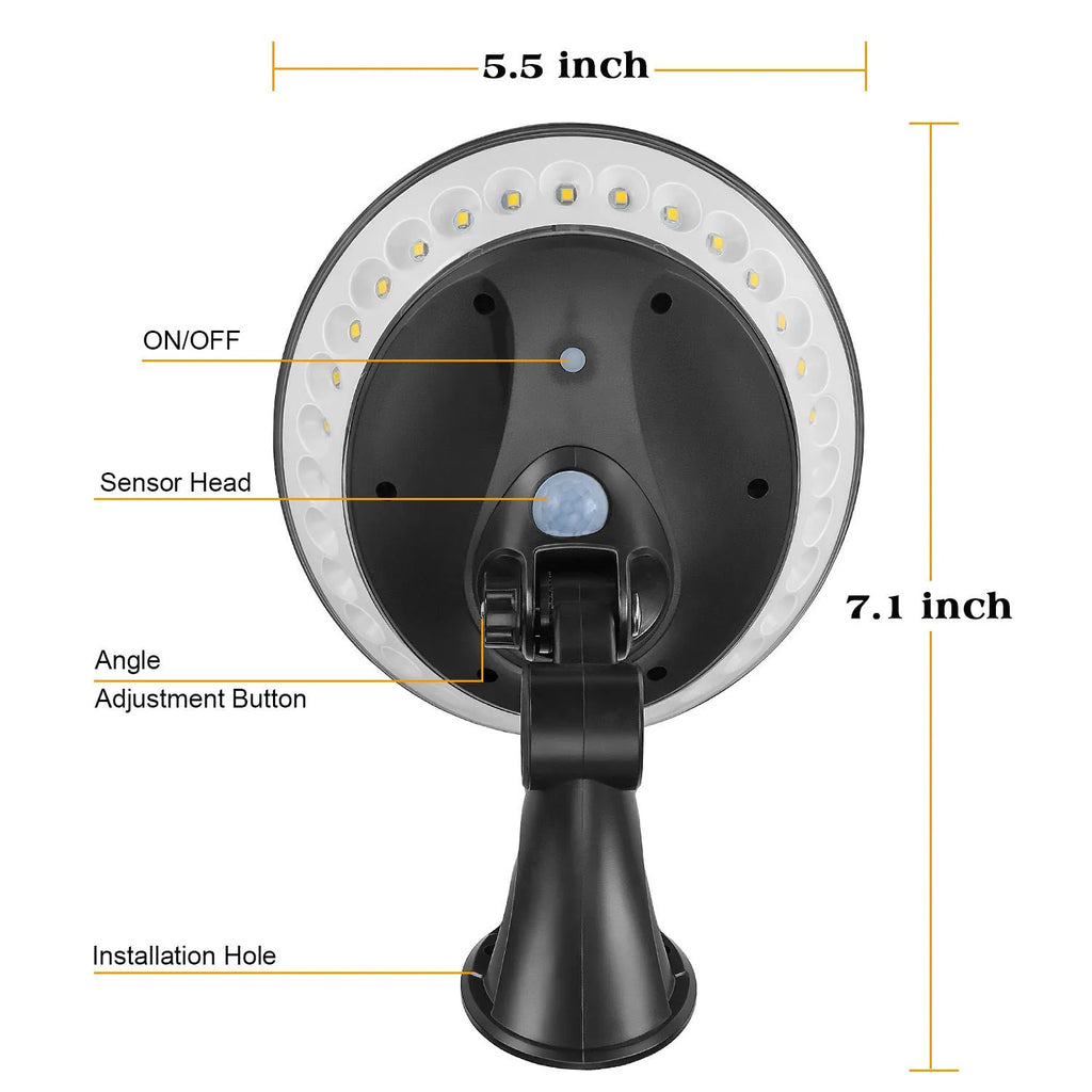 Outdoor solar-powered security light with 360-degree LEDs and a motion sensor in a white ABS housing.