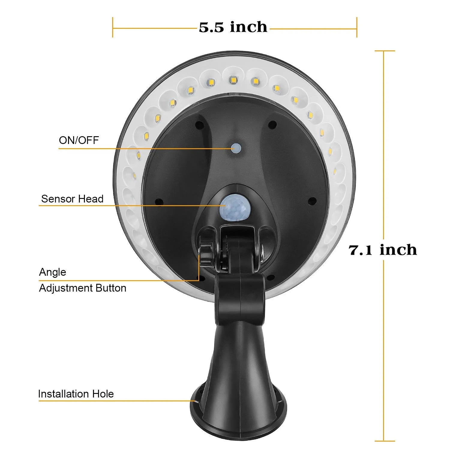 Outdoor solar-powered security light with 360-degree LEDs and a motion sensor in a white ABS housing.