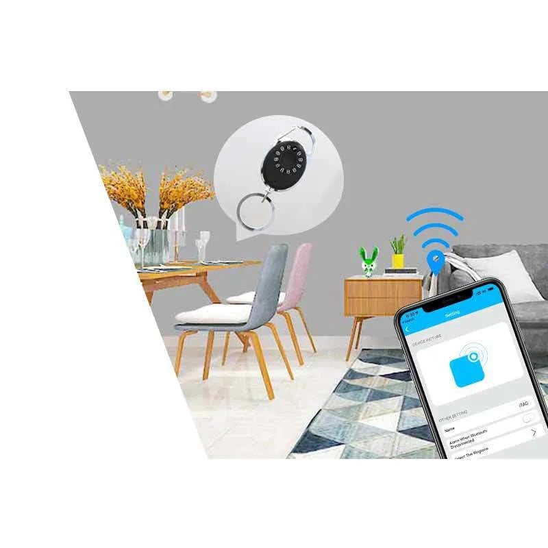 Black Bluetooth anti-lost tracking device with metal keychain loop and selfie function