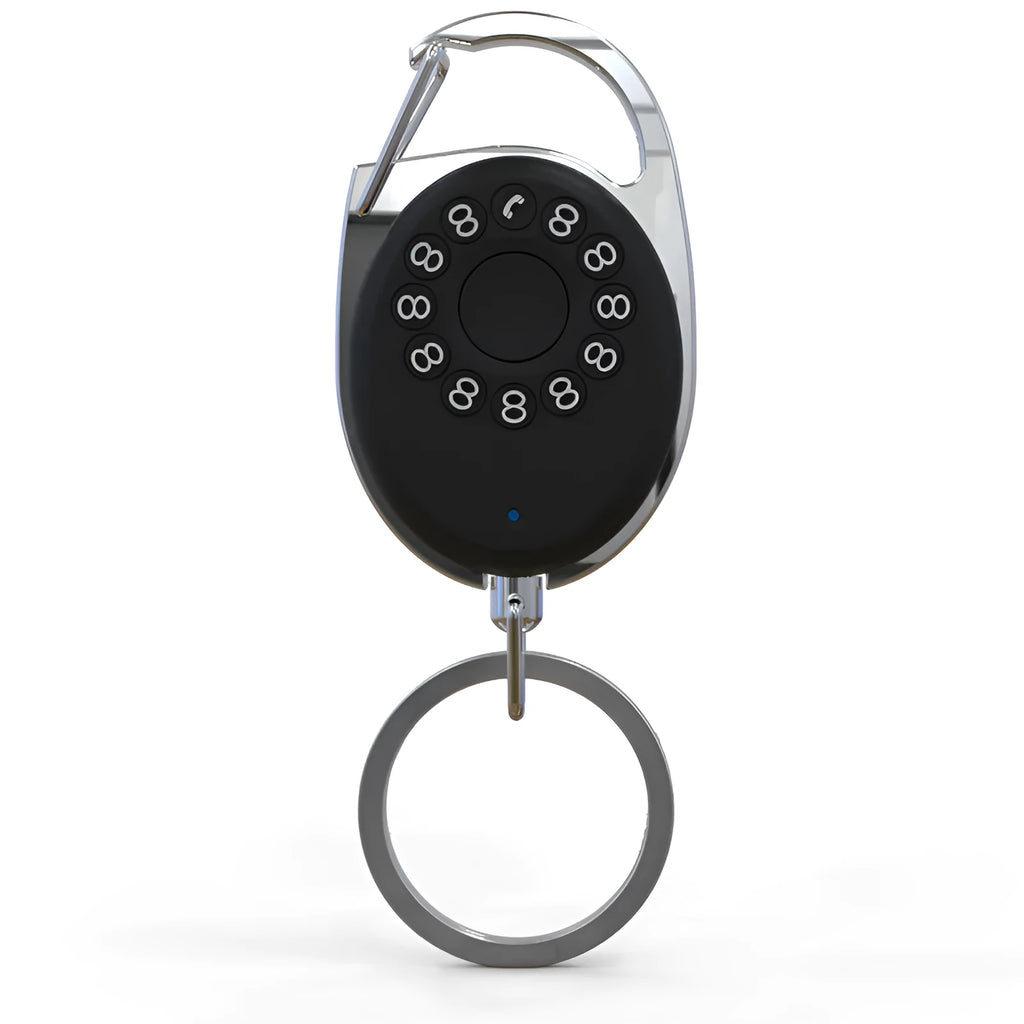 Black Bluetooth anti-lost tracking device with metal keychain loop and selfie function