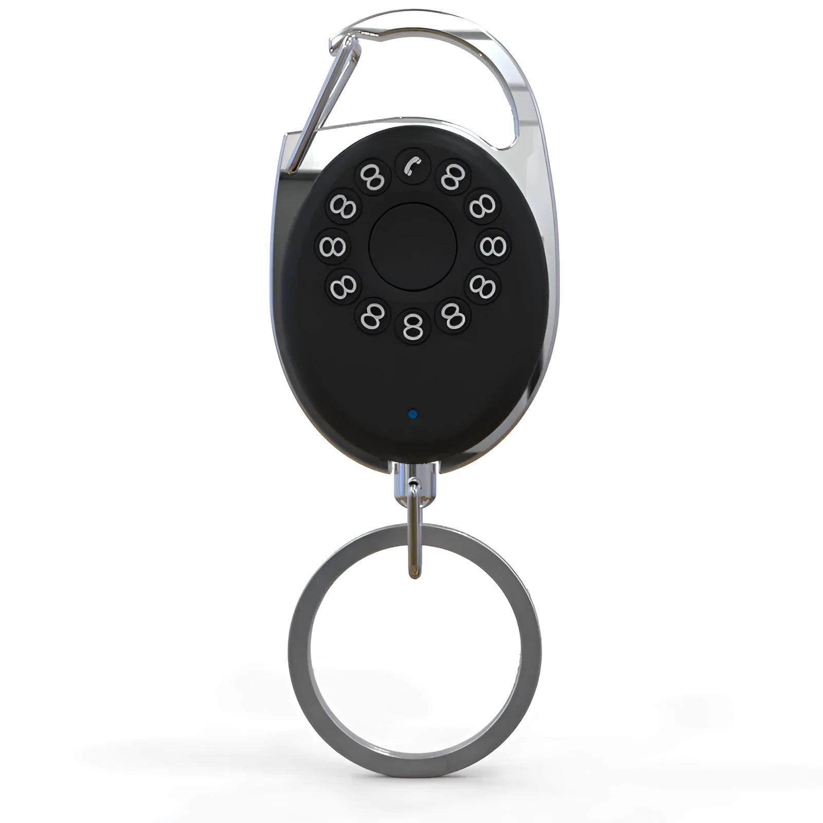 Black Bluetooth anti-lost tracking device with metal keychain loop and selfie function