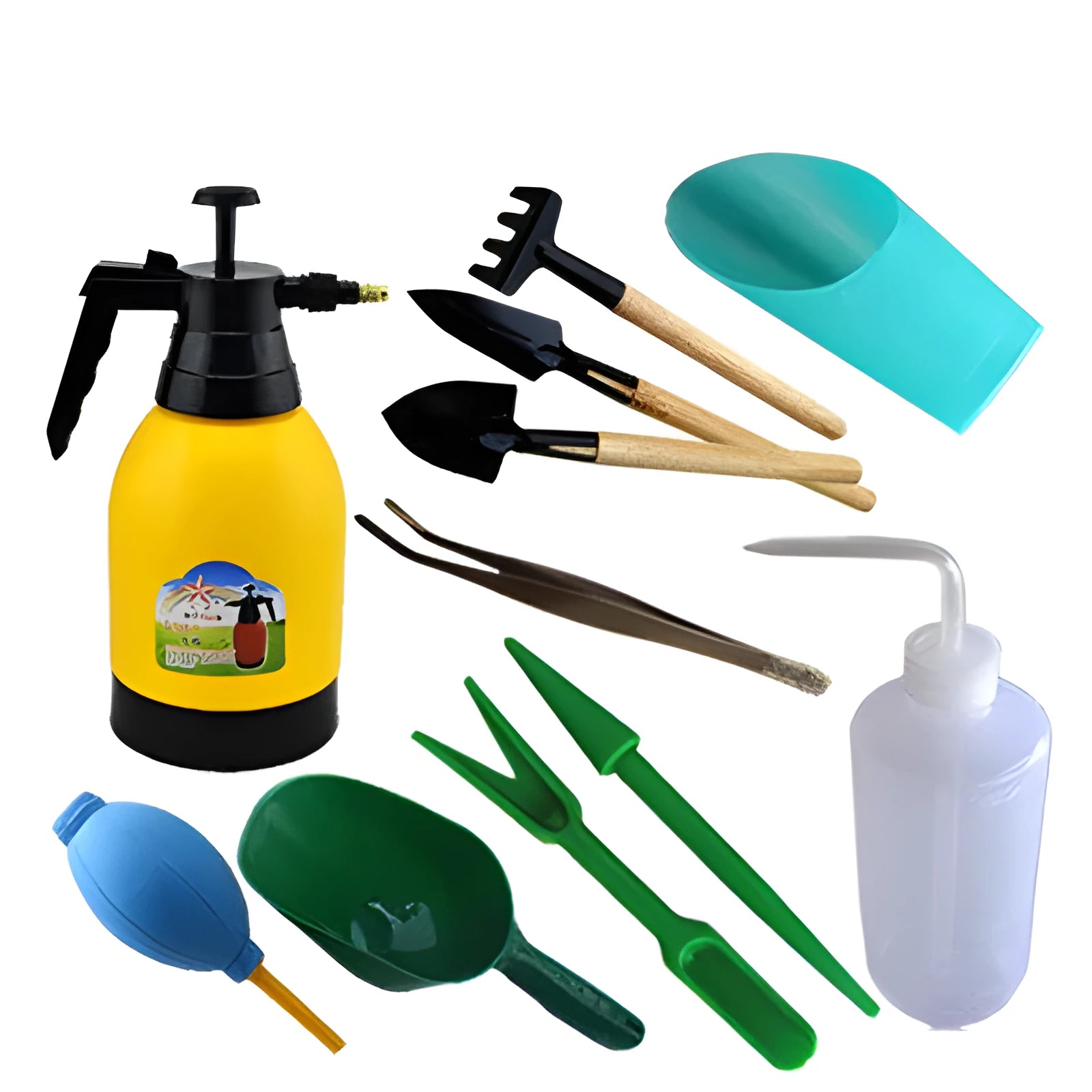 Succulent gardening tool set with tools laid out including tweezers, shovel, spray bottle, and a blue and orange seedling transfer cloth.