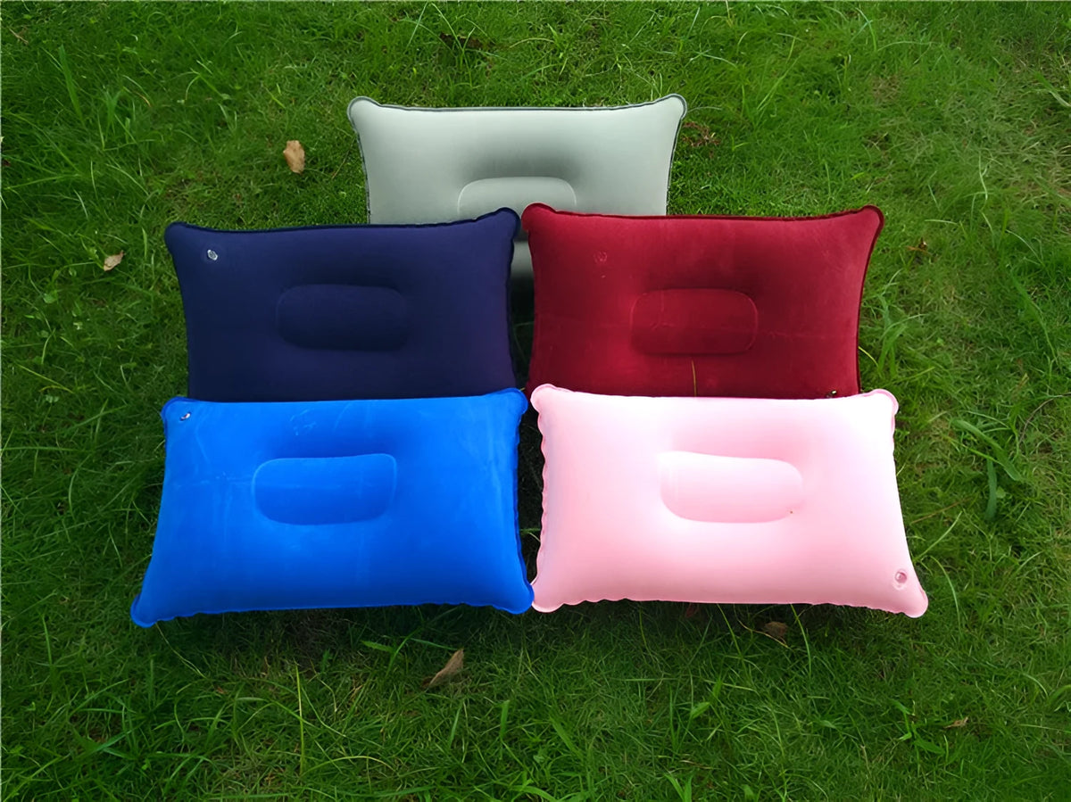Rectangular PVC inflatable travel pillow 38x24cm in blue with soft flocking surface