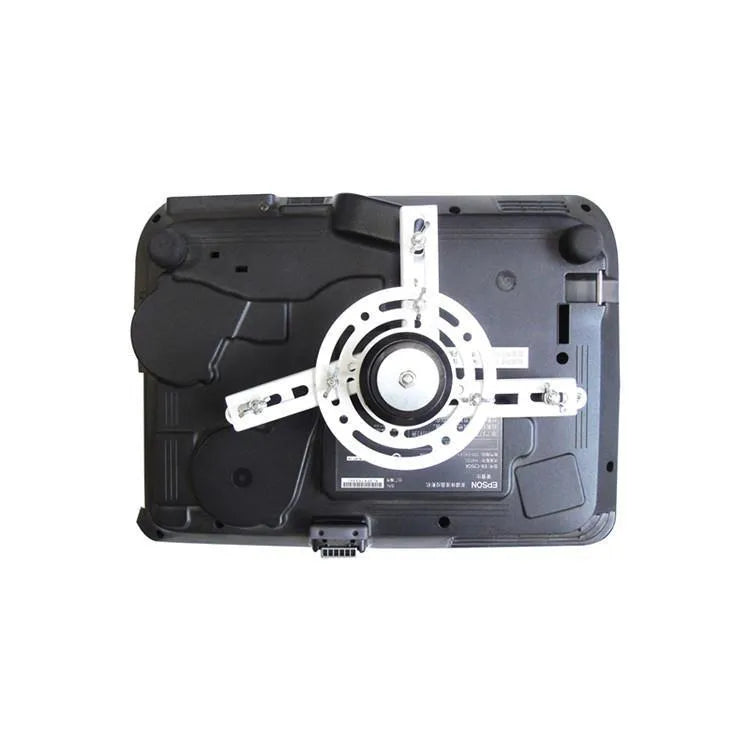Electric ceiling projector lifting hanger with ultra-thin chassis and wireless remote control on a white background.